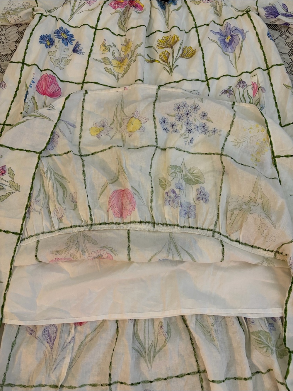 Crown & Ivy Linen Blend Floral Embroidered Ruffled Grid Dress, Size 1X - Picture 3 of 9